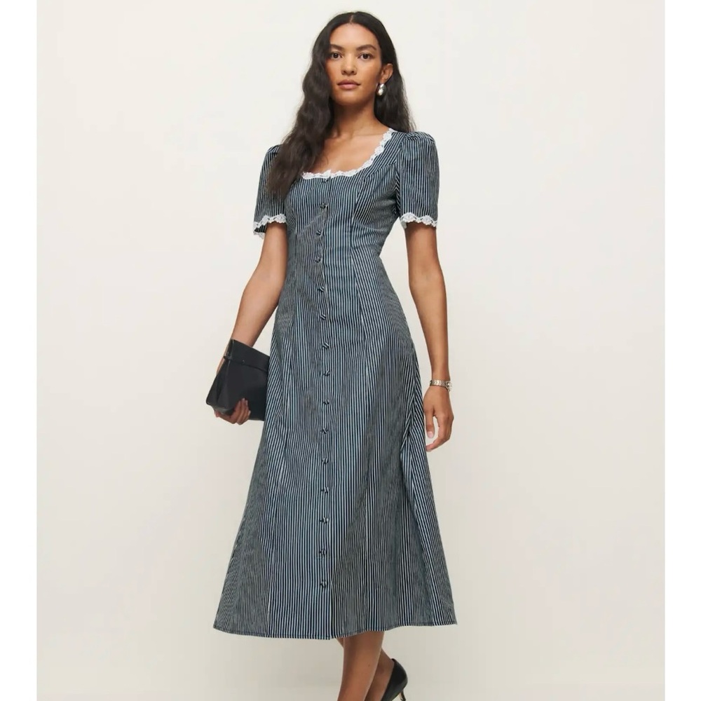 Reformation Navy and White Striped Midi Dress with Lace Trim